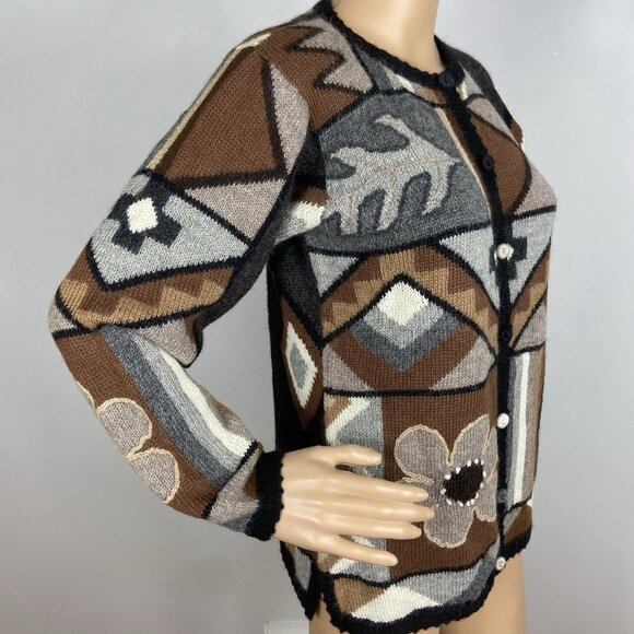 Vtg La Vicunita Baby Alpaca Cardigan Sweater Sz M Flower Leaf Neutrals - Picture 4 of 8